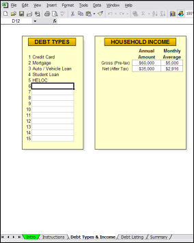 Your next step is clicking on and opening the “Debt Types & Income” worksheet tab. The worksheet will look similar to the image at the right.